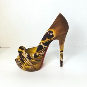 Christian Louboutin Bold Jenny 150 Bazin Fauve Peep Toe Platform Pumps Size 37